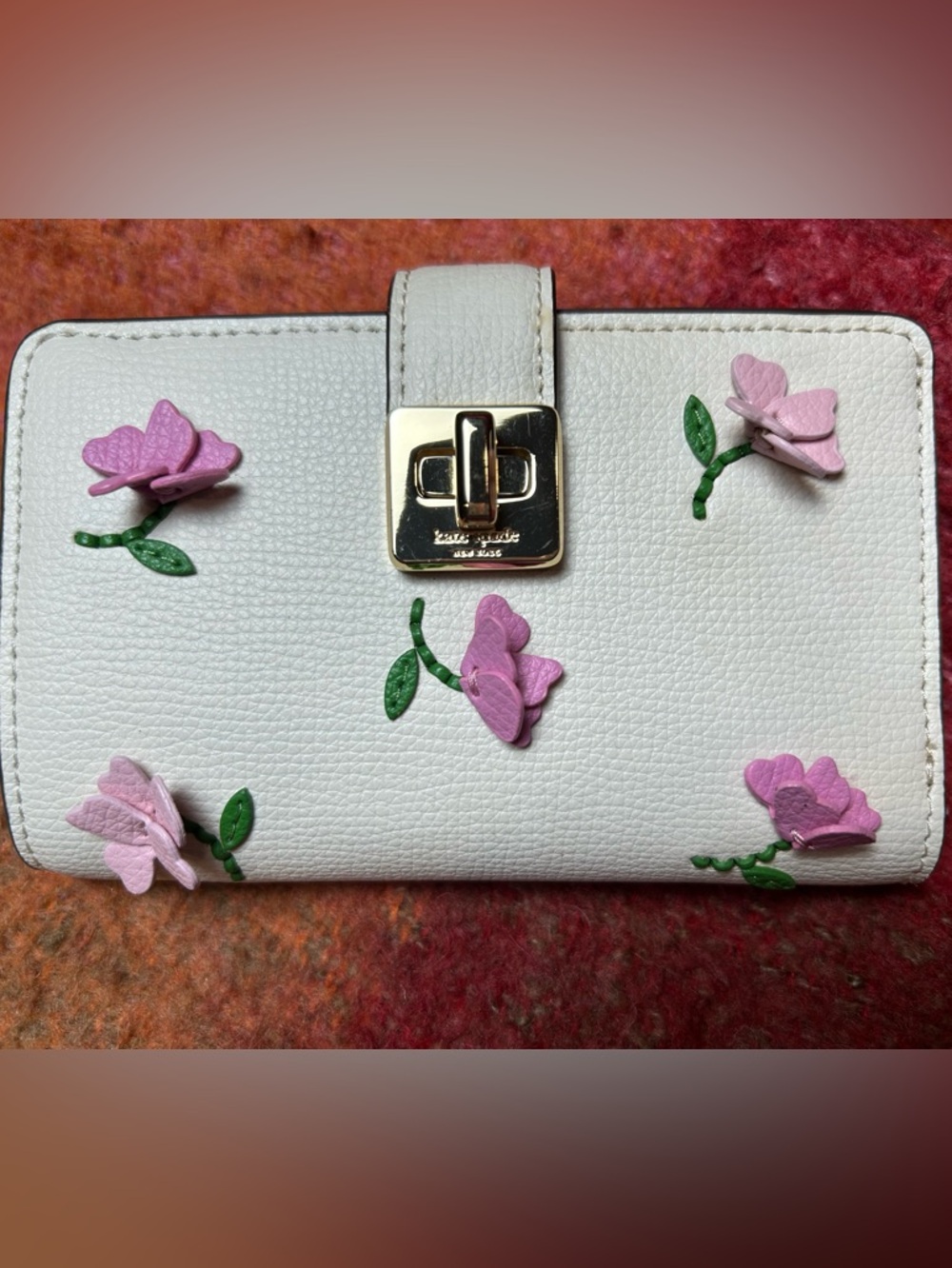 kate spade White Leather Wallet with Pink Floral Appliqué and Green Leaves